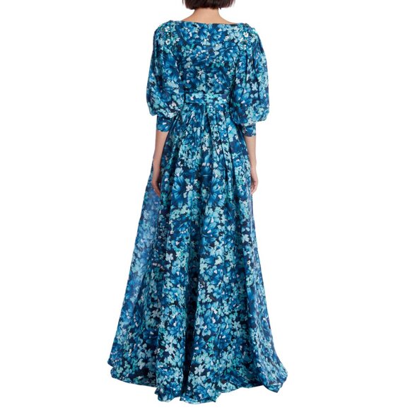 Badgley Mischka Blue Print Puff Sleeve Gown, Size 10 (NWT) - Picture 11 of 11